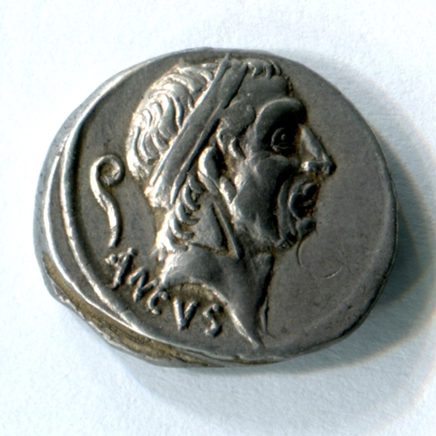 Coin showing Roman King Ancus Marcius.  Crawford 425/1 56 BC